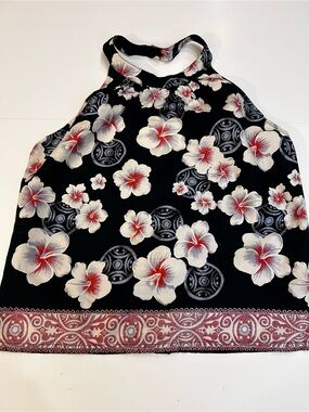 Black Floral Halter Tank Top with Red Accents